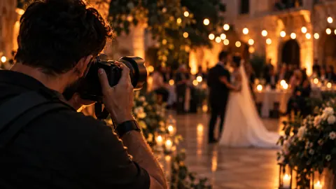 A wedding photographer working with a camera and lens during a real wedding scene, conveying lens choice in practice