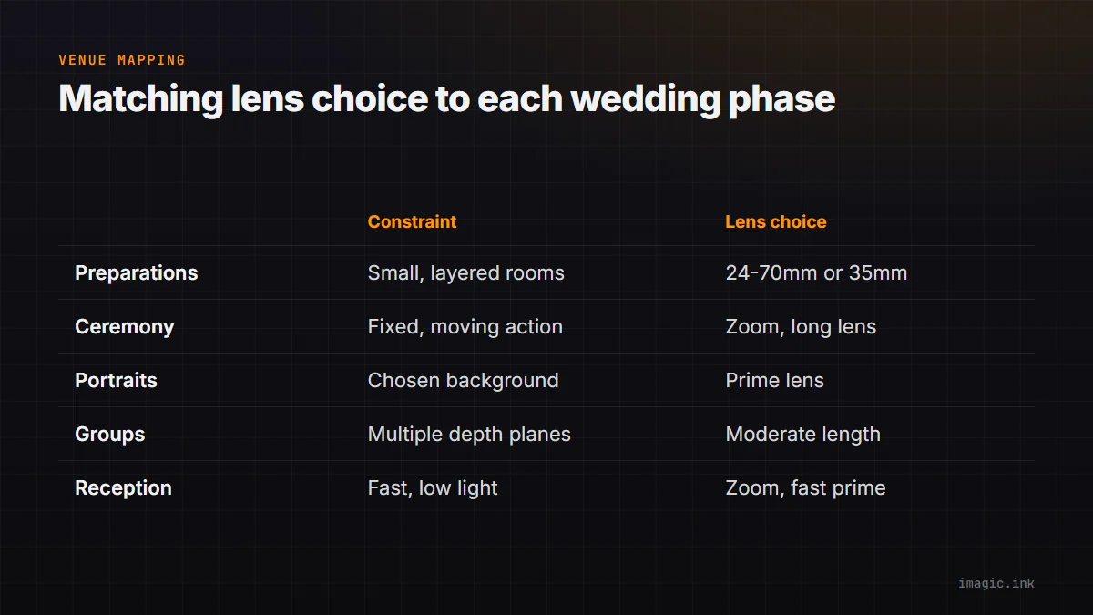Comparison table mapping wedding phases to their main constraint and a useful starting lens choice: preparations, ceremony, portraits, groups, and reception.