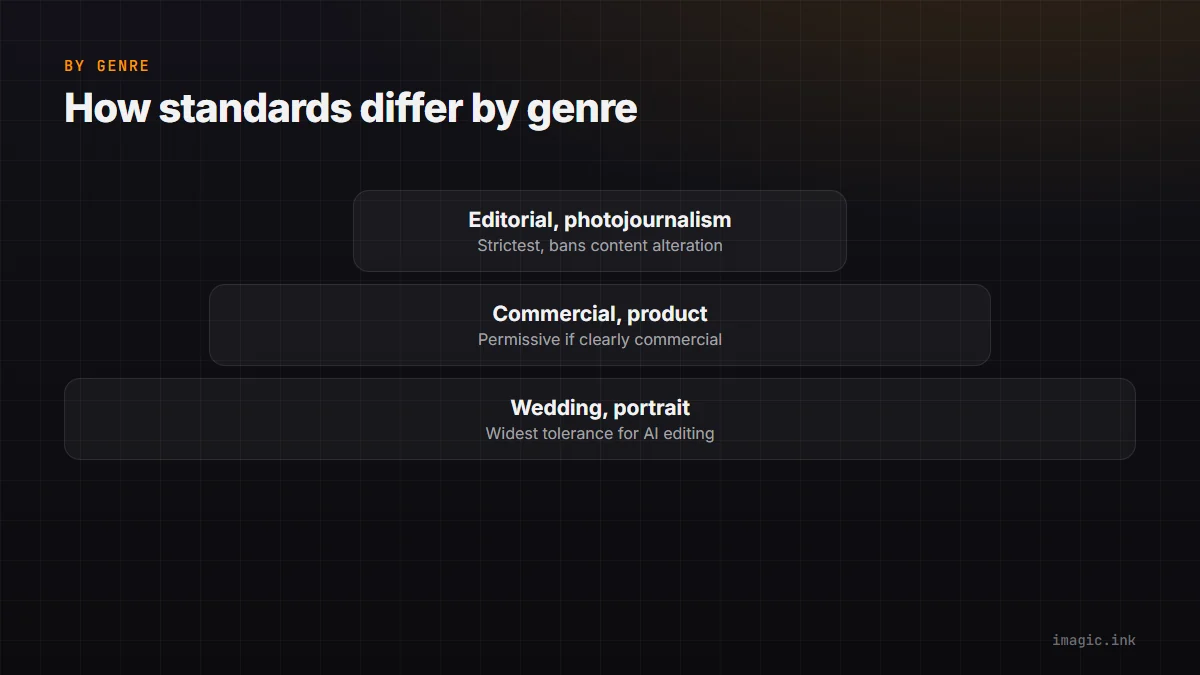 Tiers diagram of AI-editing tolerance by genre: editorial strictest, commercial in between, wedding and portrait most permissive.