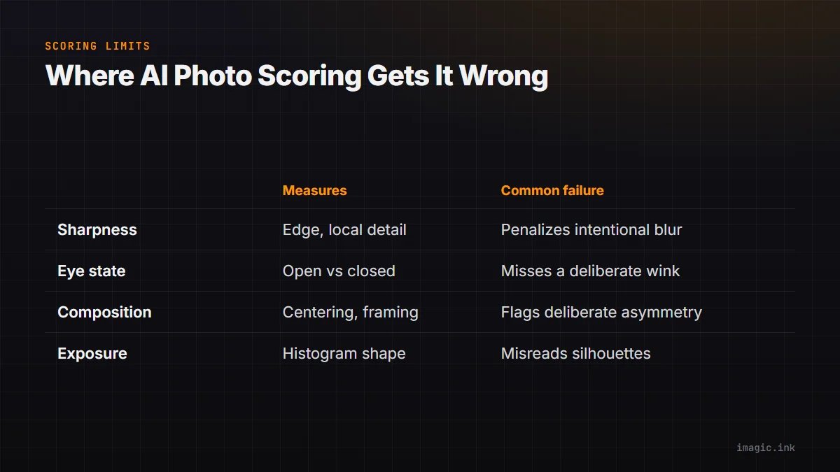 Comparison of four scoring signals and their common failure modes: sharpness, eye state, composition, and exposure.