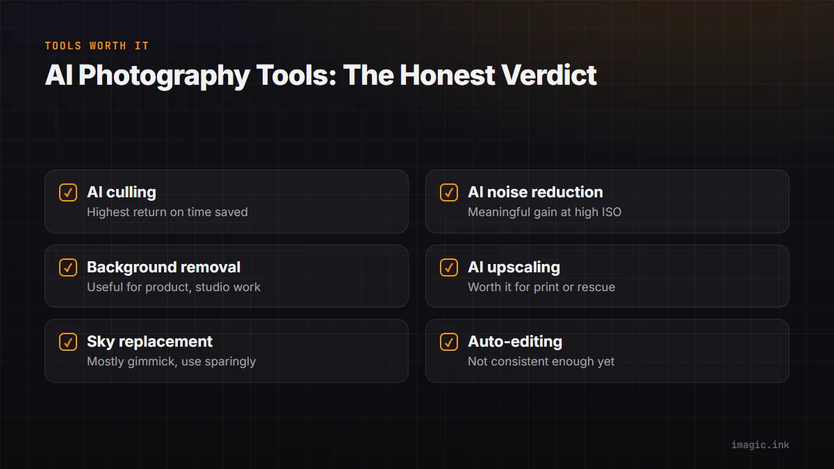 Checklist of which AI photography tools are worth using in 2025: culling, noise reduction, background removal, upscaling, sky replacement, and auto-editing.