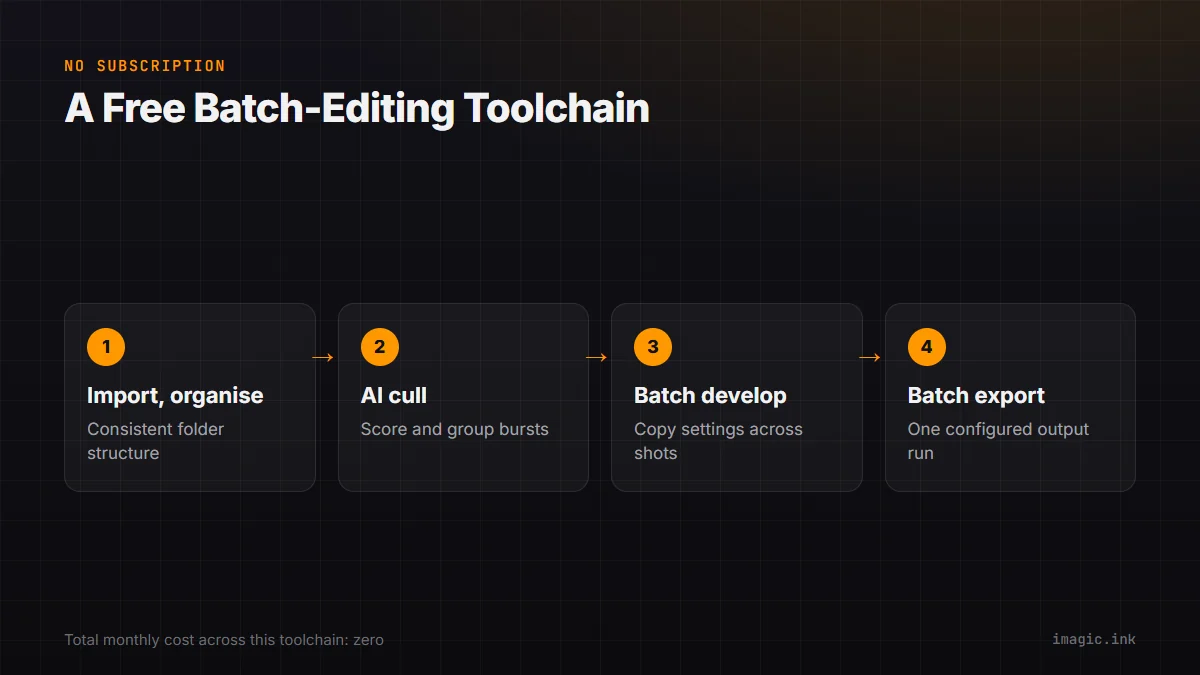 Flow diagram of a free batch-editing toolchain: import, AI cull, batch develop, batch export
