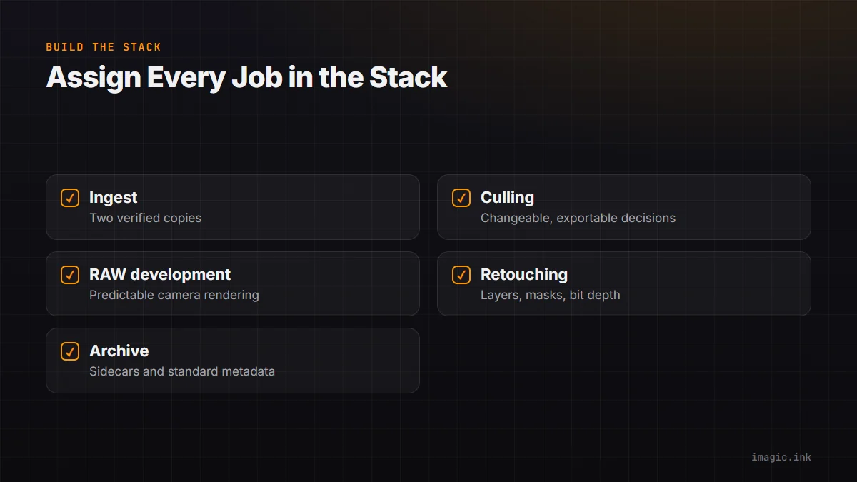 Checklist of five jobs a no-subscription photo workflow stack must assign: ingest, culling, RAW development, retouching, archive.