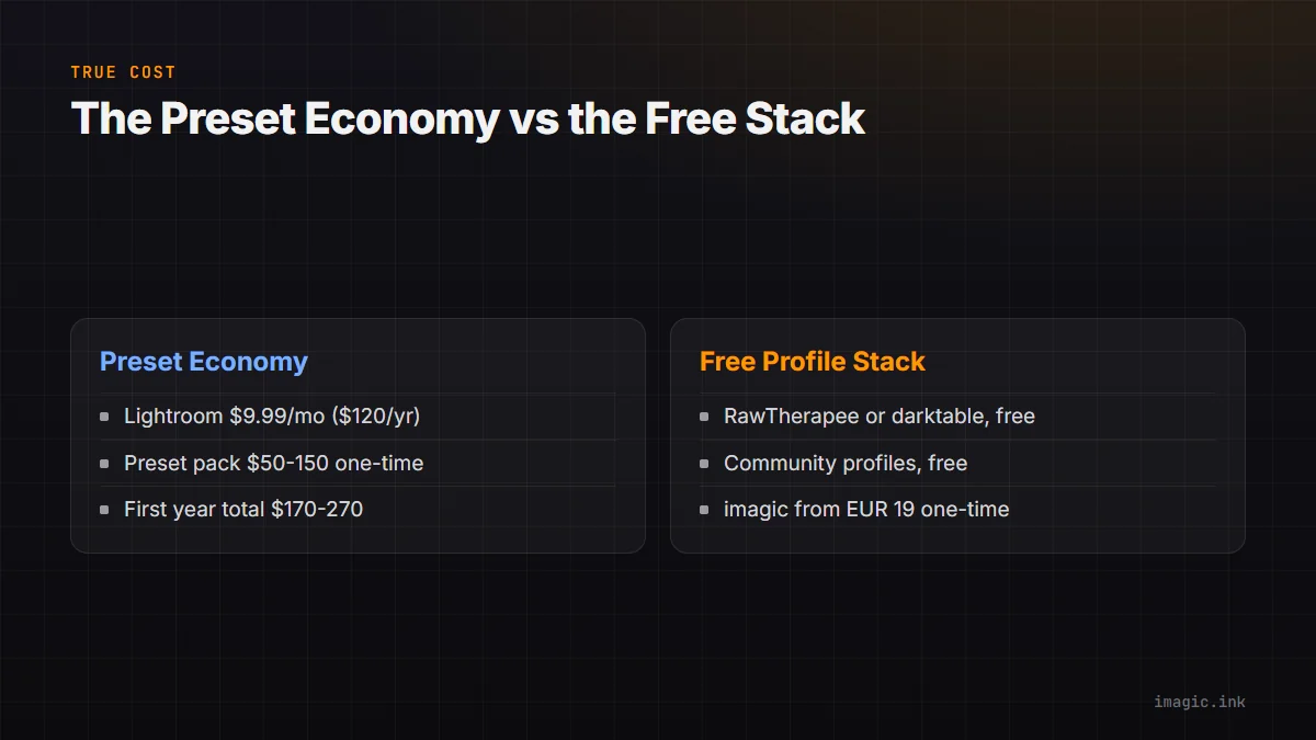 Split comparing the cost of a paid Lightroom preset economy against a free processing profile stack plus a one-time culling tool.