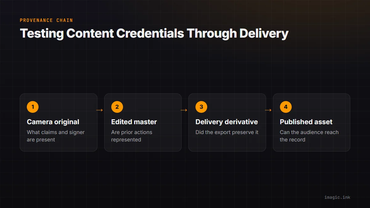 Four-stage flow for testing Content Credential survival: camera original, edited master, delivery derivative, published asset.