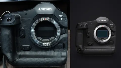 Canon EOS R1 product photo beside canon EOS R1 camera body front view with lens mount exposed
