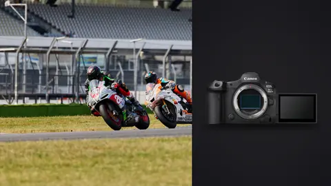 Canon EOS R5 Mark II product photo beside motorcycle racers leaning through a track corner at speed
