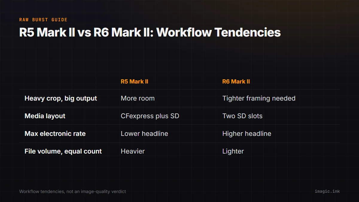 Comparison table of workflow tendencies between the Canon R5 Mark II and R6 Mark II across crop room, media, burst rate, and file size