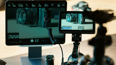 Camera cabled to a monitor showing the live tethered capture feed