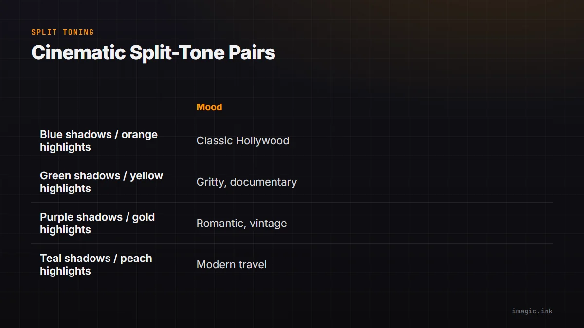 Comparison of four split-toning shadow and highlight pairs used for cinematic grading, and the mood each creates.