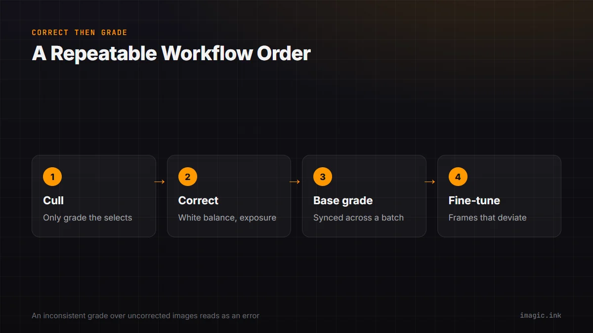 Flow diagram of the repeatable four-step order: cull, correct, base grade, fine-tune