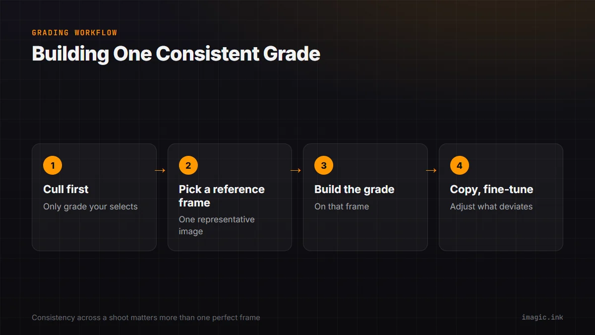 Flow diagram of building one consistent grade: cull first, pick a reference, build the grade, copy and fine-tune