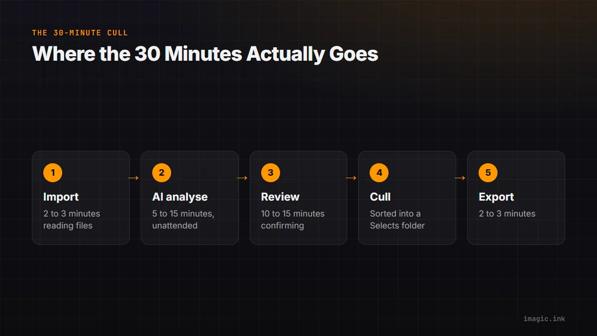Flow of the five-step cull: import, AI analyse, review, cull, export, with the time each stage takes.