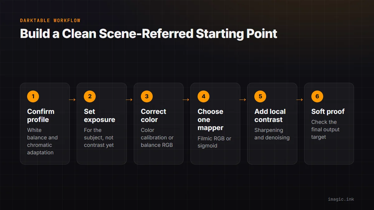 Six-step flow for building a clean darktable scene-referred starting point.