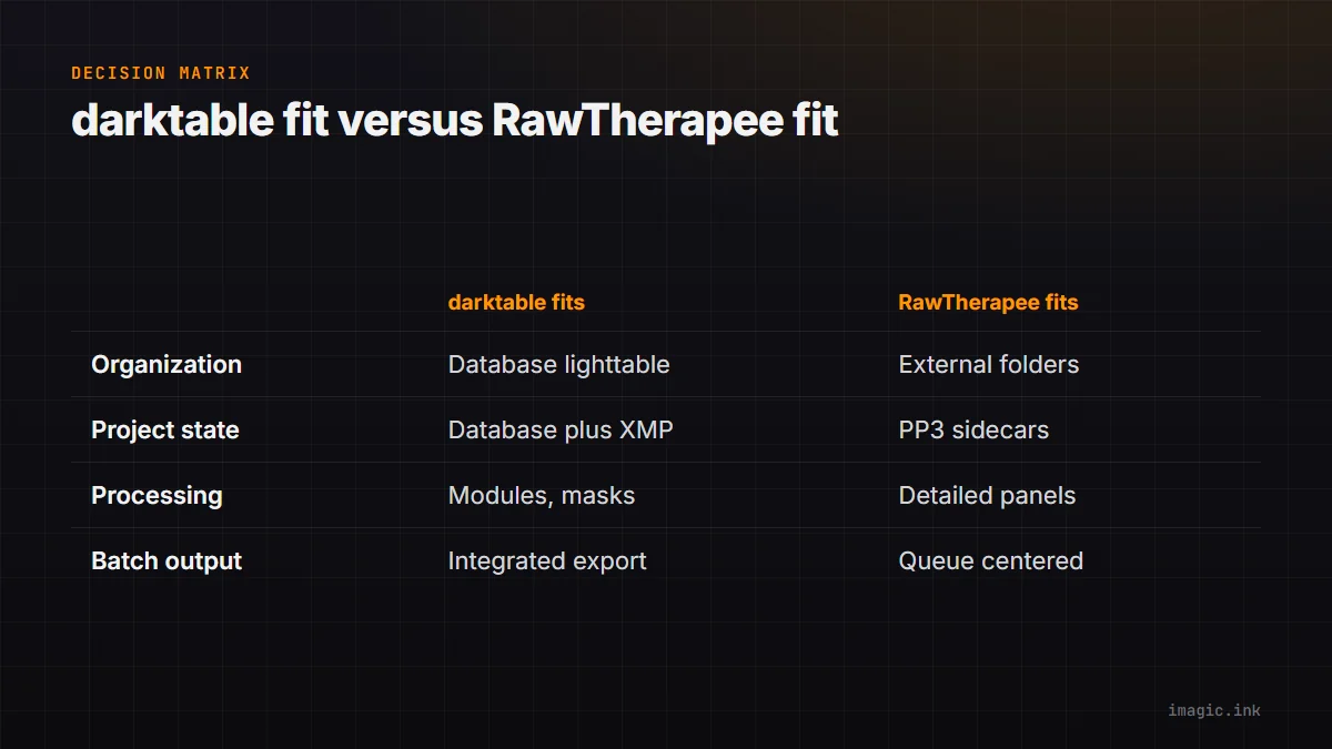 Comparison table showing which priorities favor darktable versus RawTherapee: organization, project state, processing approach, and batch output.