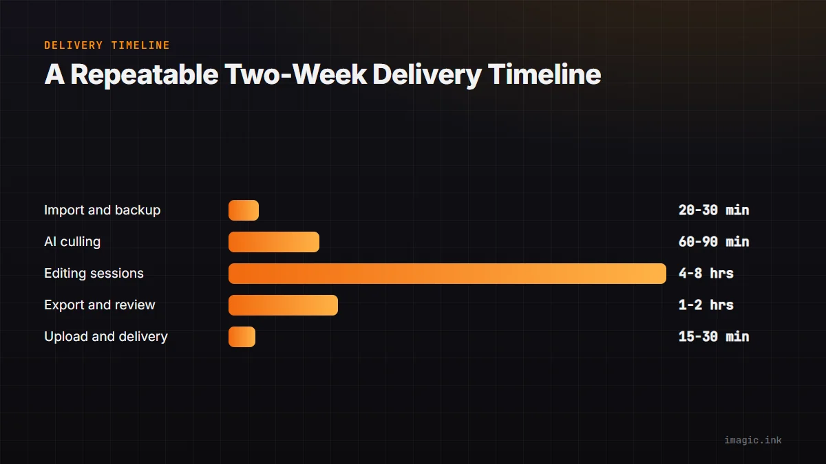 Bar chart of a repeatable two-week wedding delivery timeline by active task time.