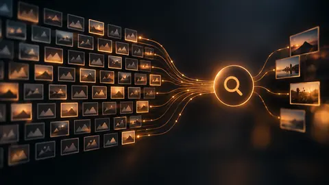 Abstract illustration of photo thumbnails connecting into a searchable network, representing digiKam's metadata tagging and library search.