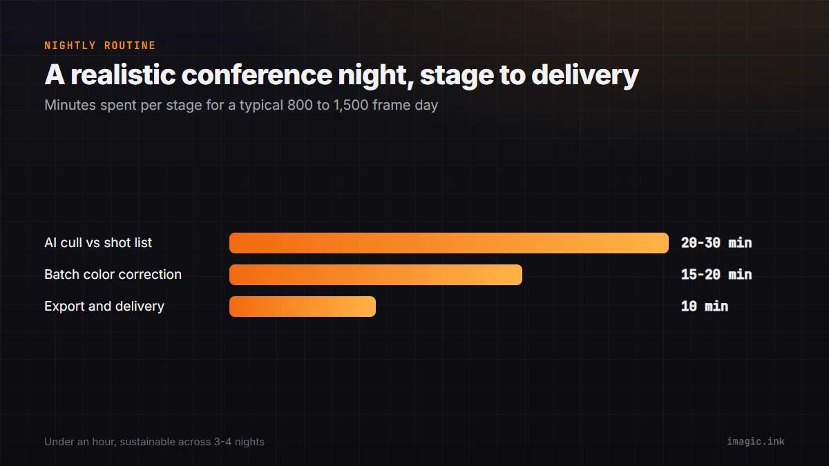 Bar chart of a conference night's time budget: AI cull against the shot list 20 to 30 minutes, batch color correction 15 to 20 minutes, export and delivery 10 minutes.