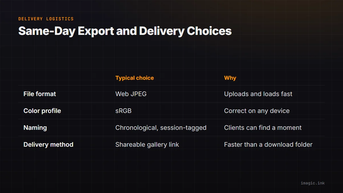 Comparison of same-day event delivery decisions: file format, color profile, naming, and delivery method, with the reasoning for each.