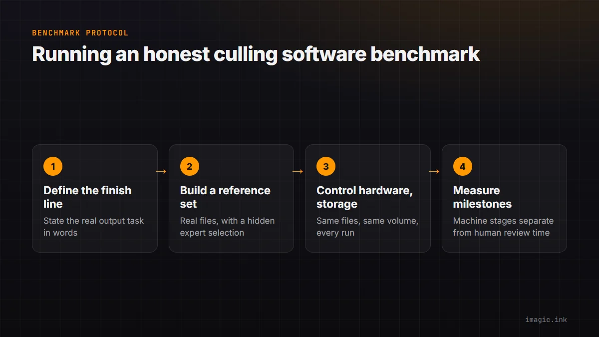 Four step flow for running an honest culling software benchmark: define the finish line, build a reference set, control hardware and storage, then measure milestones.