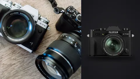 Fujifilm X-T30 II product photo beside two Fujifilm mirrorless camera bodies with lenses side by side