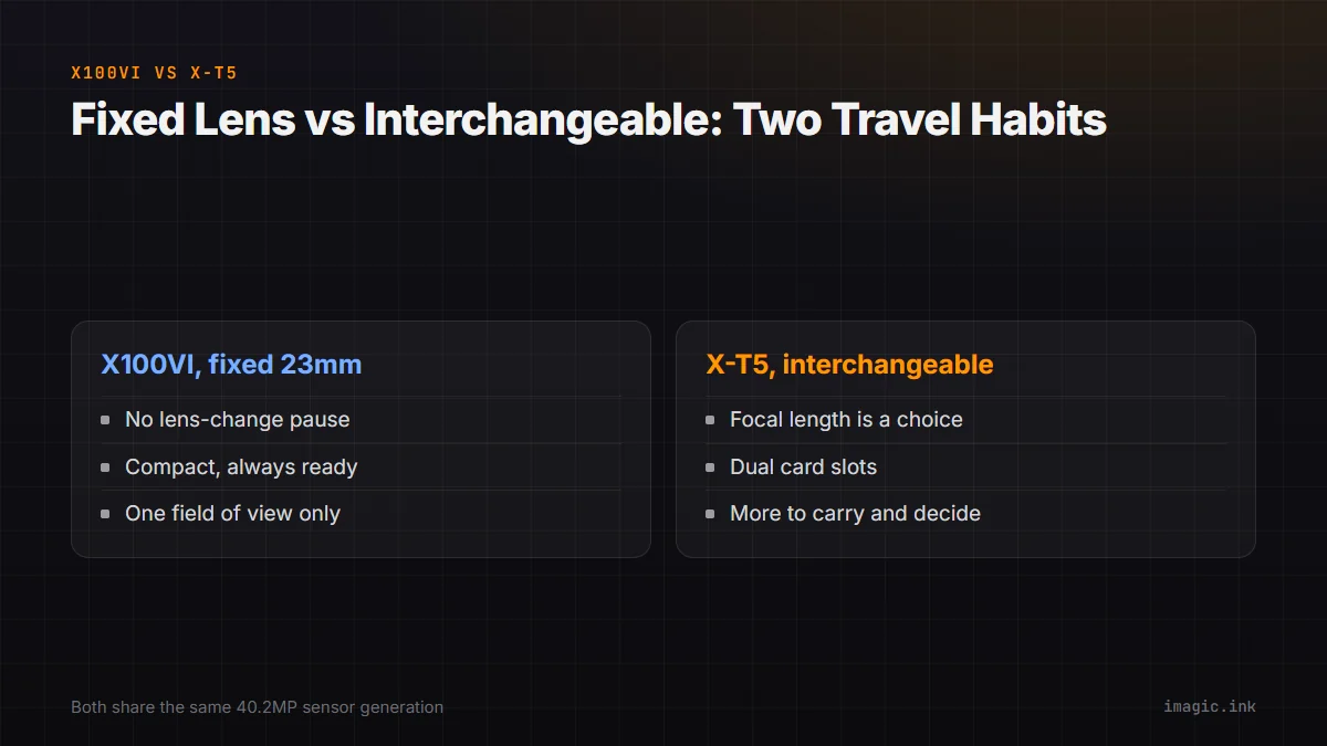 Split diagram contrasting the fixed-lens X100VI with the interchangeable-lens X-T5 for travel habits