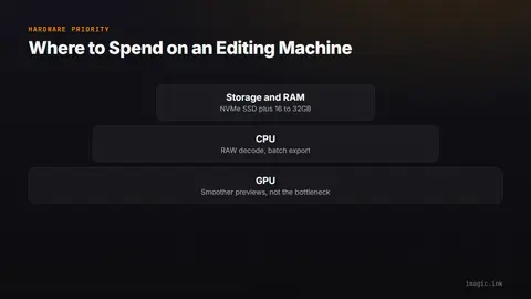 Tiered ranking of where photo editing hardware spend matters most: storage and RAM first, then CPU, then GPU.
