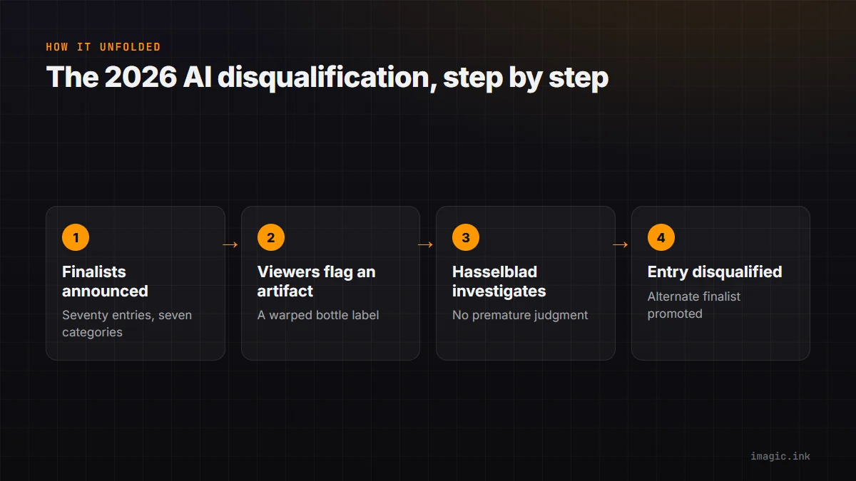 Four-step flow of the Hasselblad Masters disqualification: finalists announced, viewers flag an artifact, Hasselblad investigates, entry disqualified.