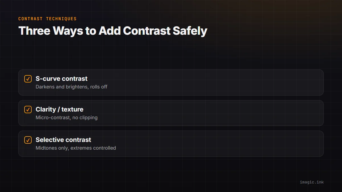 Checklist of three non-destructive contrast techniques: S-curve contrast, clarity and texture, and selective midtone contrast.