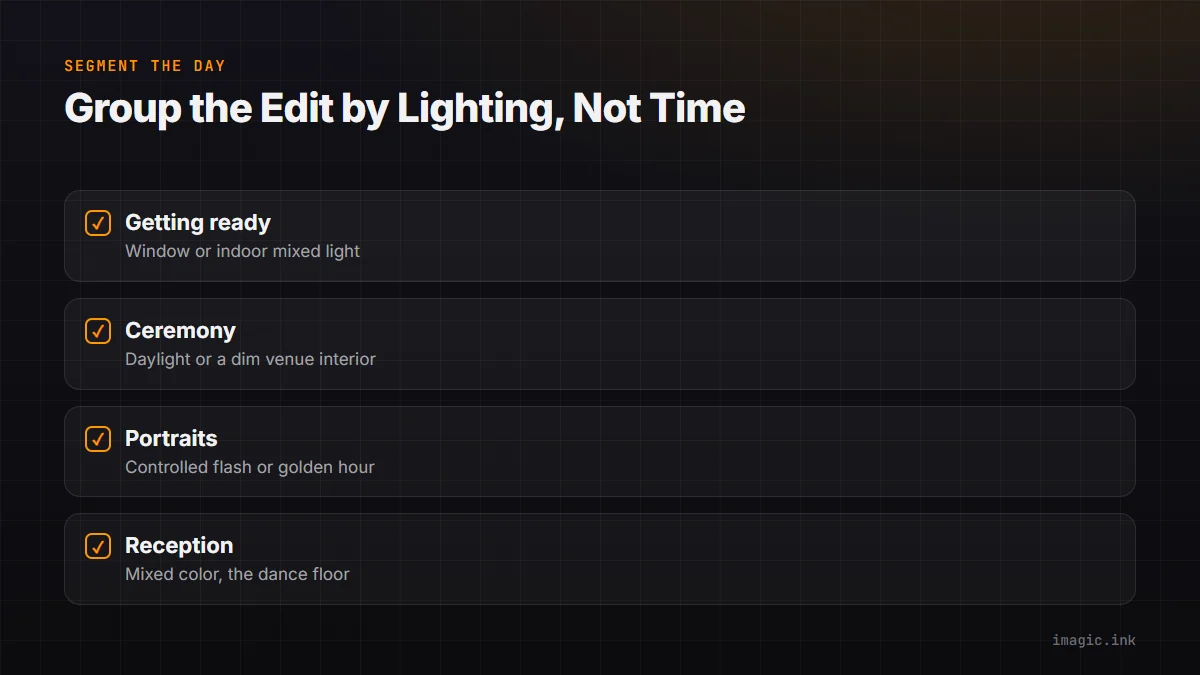 Checklist of the four lighting segments used to structure a large wedding edit.