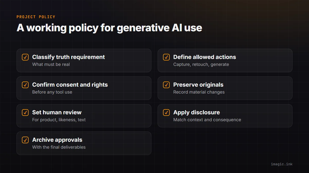 Checklist of a project-level policy for generative AI in professional photography, from classifying truth requirements to archiving approvals.