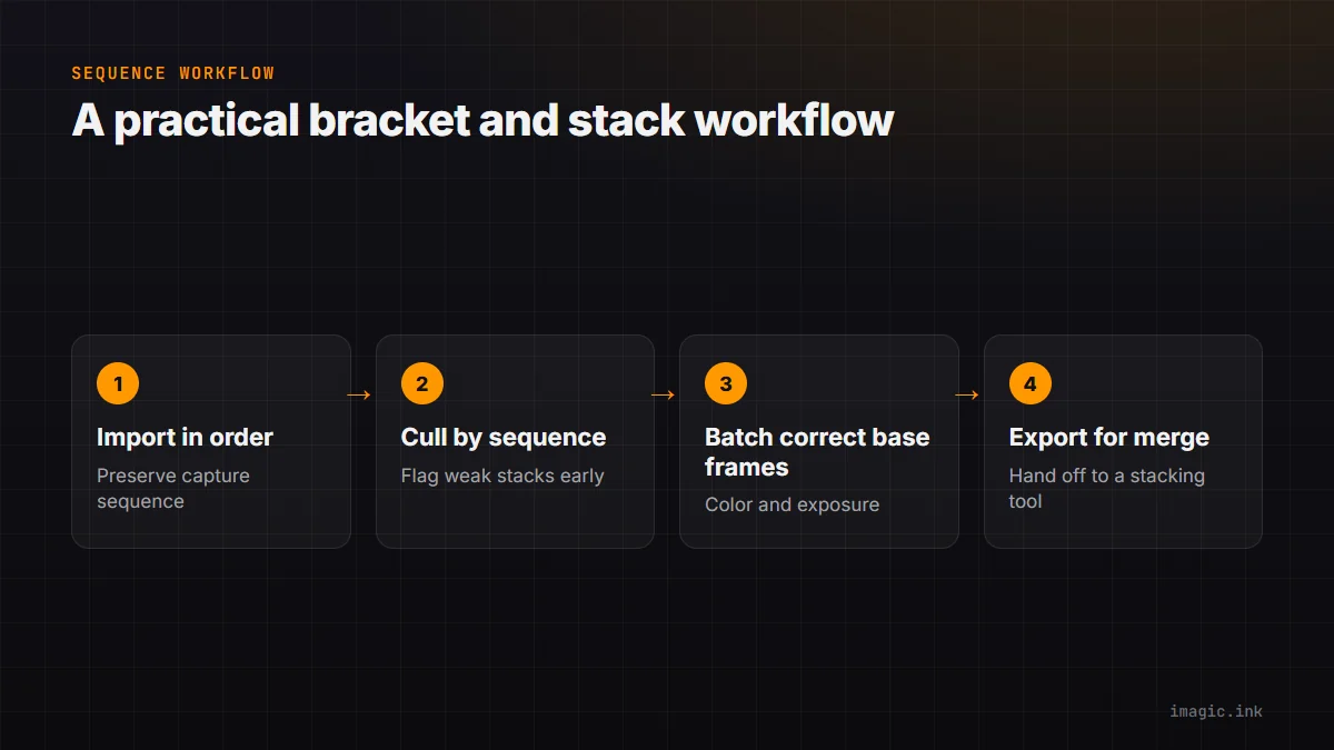 Four-step flow for a landscape bracket workflow: import in capture order, cull by sequence, batch correct base frames, export for merging.
