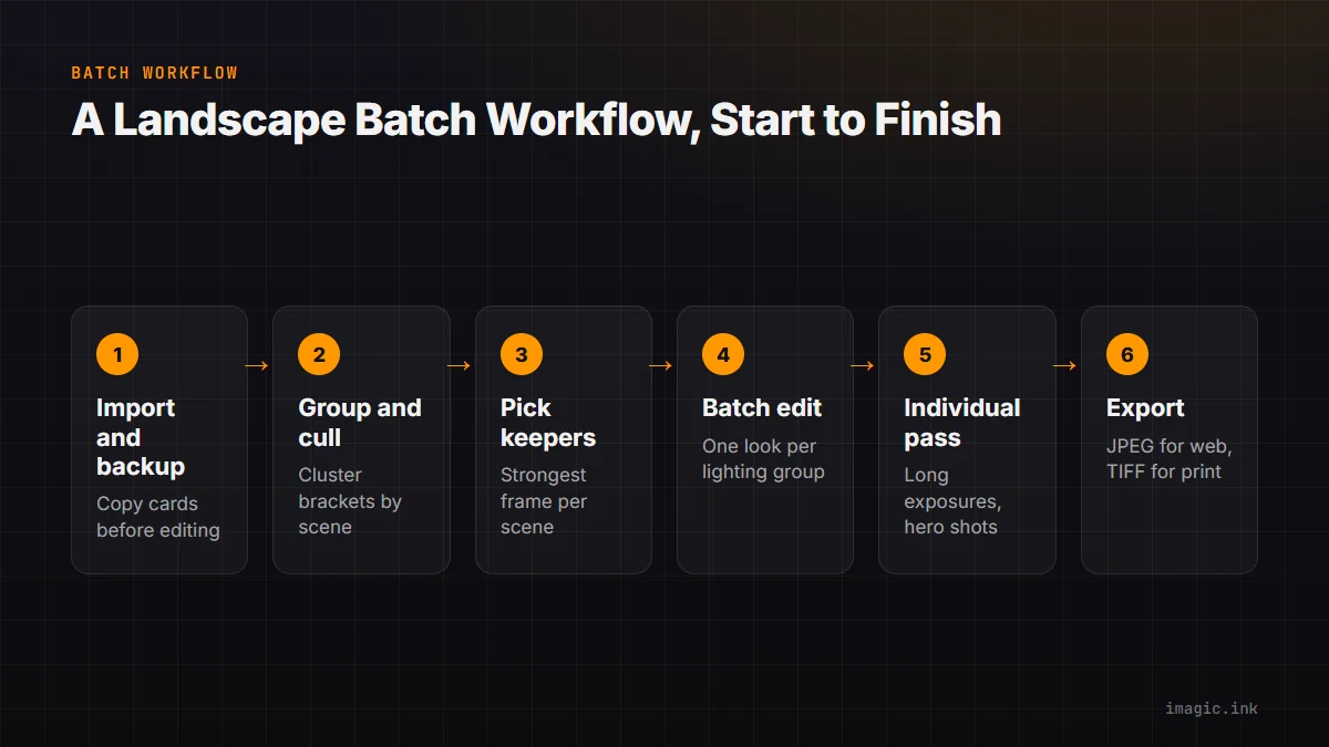 Six-stage flow of a landscape batch workflow: import and backup, group and cull, pick keepers, batch edit, individual pass, export.