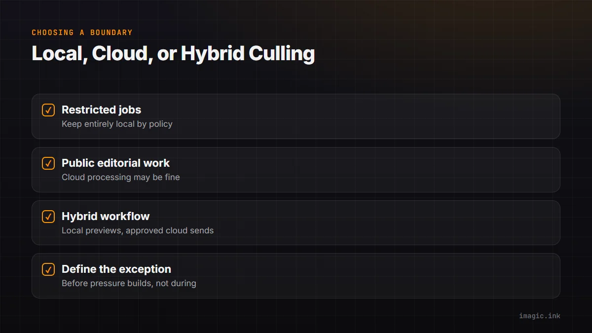 Checklist for choosing a local, cloud, or hybrid culling boundary based on job sensitivity.