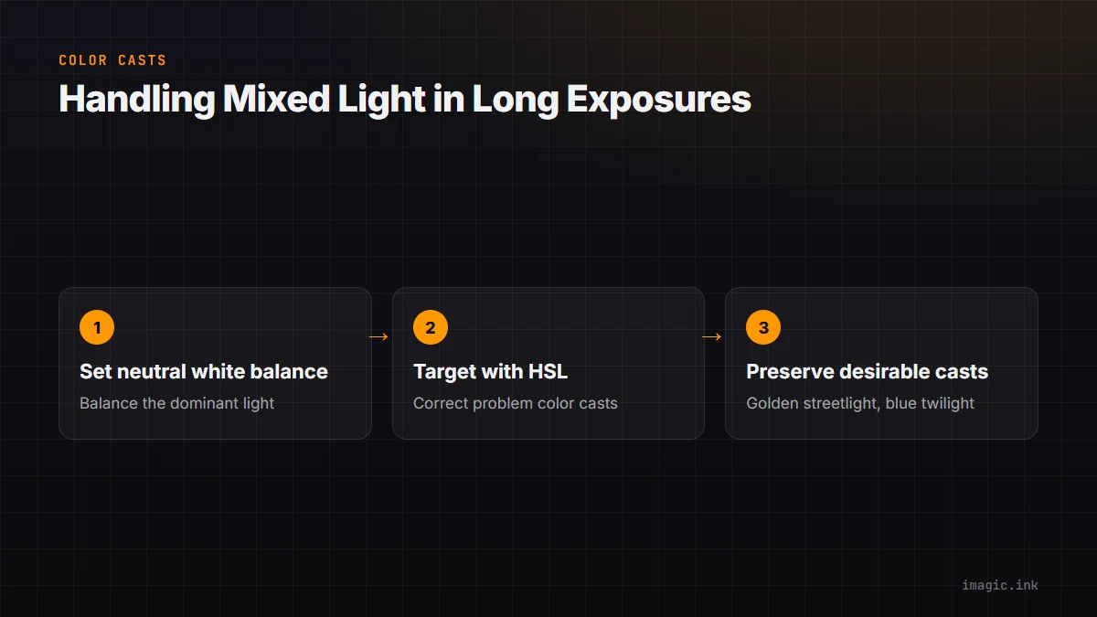 Three-step flow for handling color casts in long exposures: neutral white balance, targeted HSL correction, preserve desirable casts.