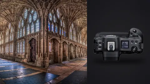 Canon EOS R3 product photo beside gothic fan-vaulted cloister corridor with tall arched windows