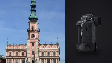Canon EOS R3 product photo beside pink baroque town hall with ornate green-domed clock tower