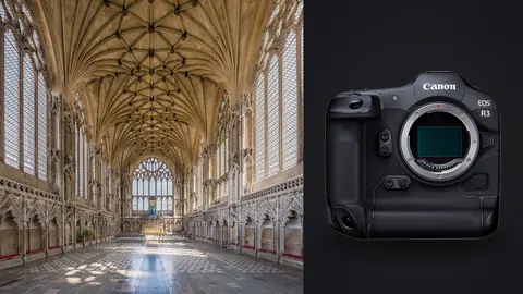 Canon EOS R3 product photo beside bright gothic lady chapel with intricate vaulted ceiling