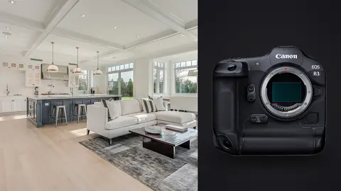 Canon EOS R3 product photo beside bright modern kitchen and living room with coffered ceiling and island
