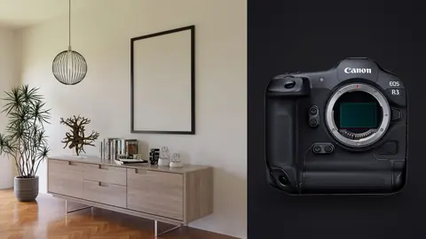 Canon EOS R3 product photo beside living room with wood sideboard and framed art