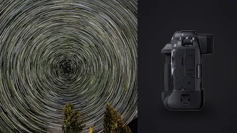 Canon EOS R3 product photo beside dense concentric star trails over silhouetted pine trees