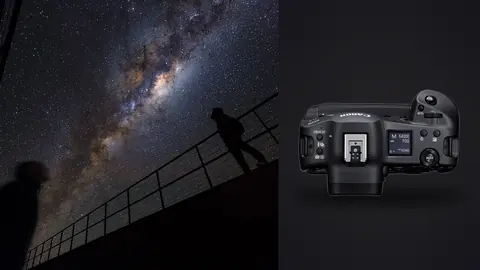 Canon EOS R3 product photo beside silhouetted figures on a deck watching the milky way overhead
