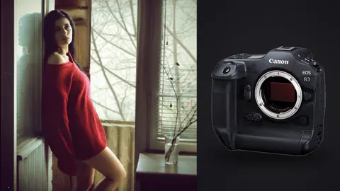 Canon EOS R3 product photo beside woman in oversized red sweater leaning by window