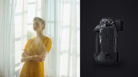 Canon EOS R3 product photo beside woman in yellow dress by sunlit sheer curtains