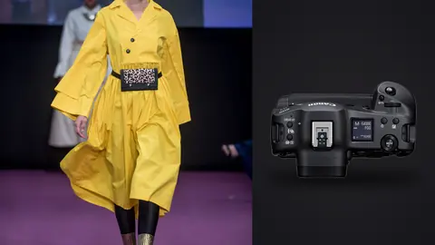 Canon EOS R3 product photo beside model in a yellow structured dress and headwrap on a runway
