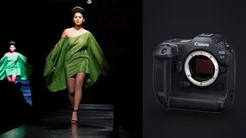 Canon EOS R3 product photo beside models in sculptural green draped dresses on a runway
