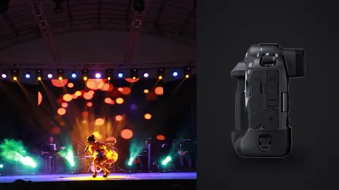 Canon EOS R3 product photo beside dancer performing on stage under colorful lights