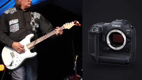 Canon EOS R3 product photo beside guitarist performing on stage