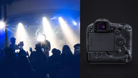 Canon EOS R3 product photo beside crowd at concert with stage lights