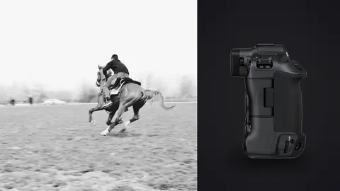 Canon EOS R3 product photo beside jockey galloping a horse along the shoreline